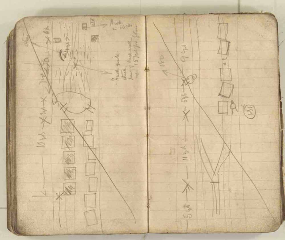 Notes made by the Inspector of Mines as he travelled around the devastated underground workings following the Senghenydd mine explosion on 14th October 1913 that killed 439 men. Courtesy of the National Coal Mining Museum for England [Notebook 3/4]