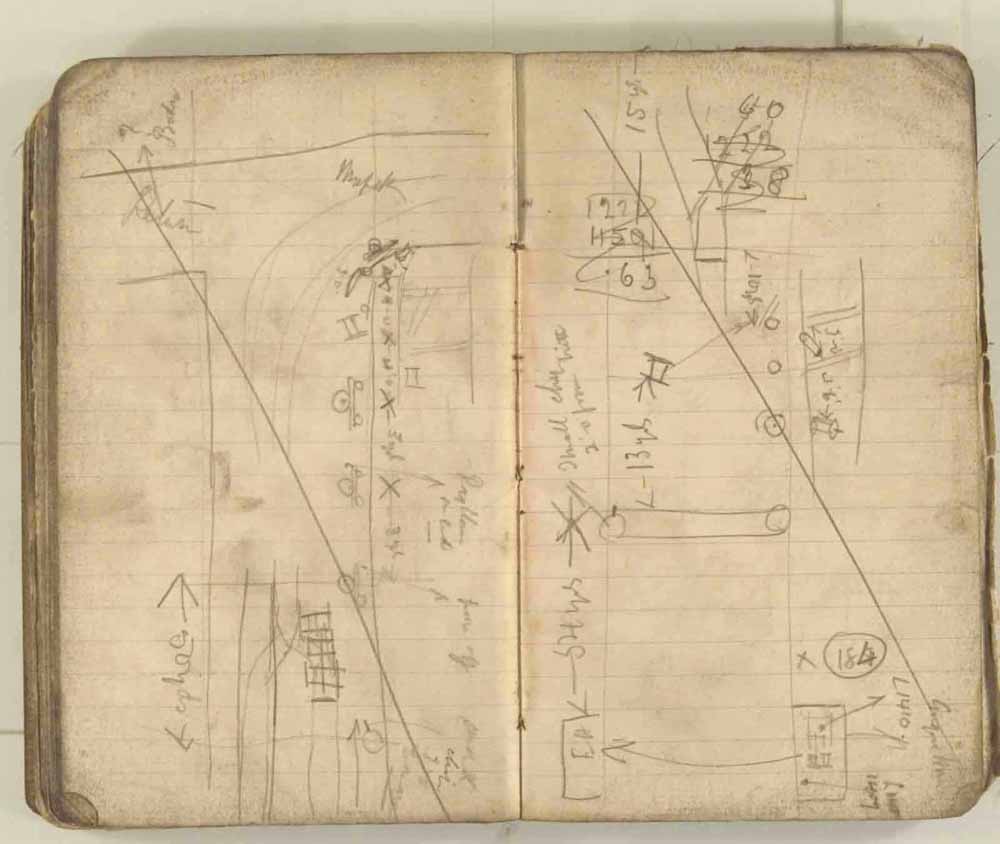 Notes made by the Inspector of Mines as he travelled around the devastated underground workings following the Senghenydd mine explosion on 14th October 1913 that killed 439 men. Courtesy of the National Coal Mining Museum for England [Notebook 3/4]