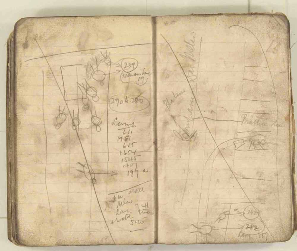 Notes made by the Inspector of Mines as he travelled around the devastated underground workings following the Senghenydd mine explosion on 14th October 1913 that killed 439 men. Courtesy of the National Coal Mining Museum for England [Notebook 3/4]