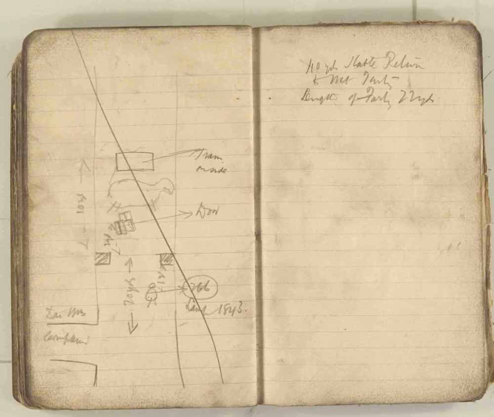 Notes made by the Inspector of Mines as he travelled around the devastated underground workings following the Senghenydd mine explosion on 14th October 1913 that killed 439 men. Courtesy of the National Coal Mining Museum for England [Notebook 3/4]