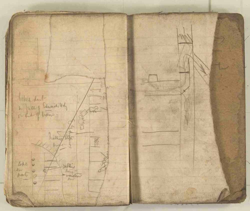 Notes made by the Inspector of Mines as he travelled around the devastated underground workings following the Senghenydd mine explosion on 14th October 1913 that killed 439 men. Courtesy of the National Coal Mining Museum for England [Notebook 3/4]