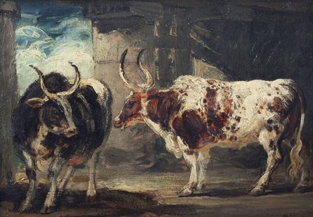 Two Extraordinary Oxen in a Barn, the Property of the Earl of Powis