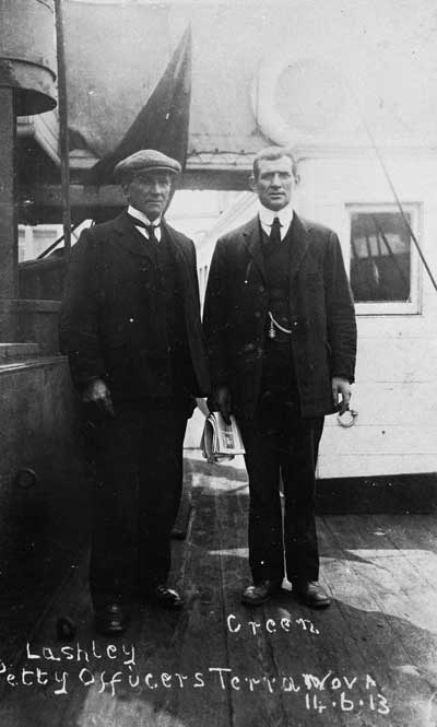 Petty Officers William Lashly (left) and Tom Crean on board the <em>Terra Nova</em> on her return to Cardiff, 14 June 1913