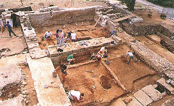 Excavations of the east end of the great hall of the basilica, with the drain in the foreground