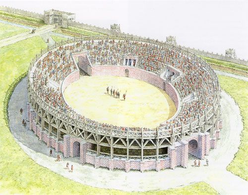 How the amphitheatre may have actually looked. Illustration by Dale Evans (1988) after the reconstruction by R. A. Anderson (1981). Cadw: Welsh Historic Monuments, Crown Copyright.