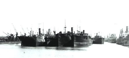 The age of depression. Laid-up ships in Cardiff docks about 1930.
