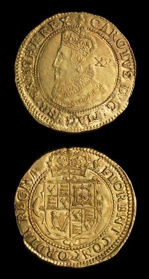 A gold Pound coin: a twenty-shillings piece of King Charles I (1625-49).