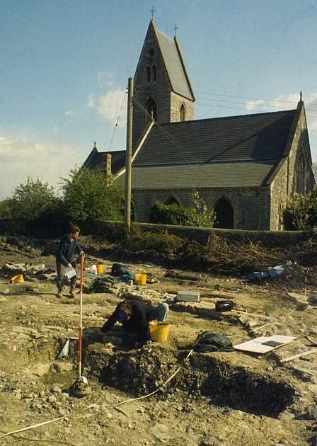 Excavations in progress in 1994 in part of the cemetery of St Dochdwy's monastery.