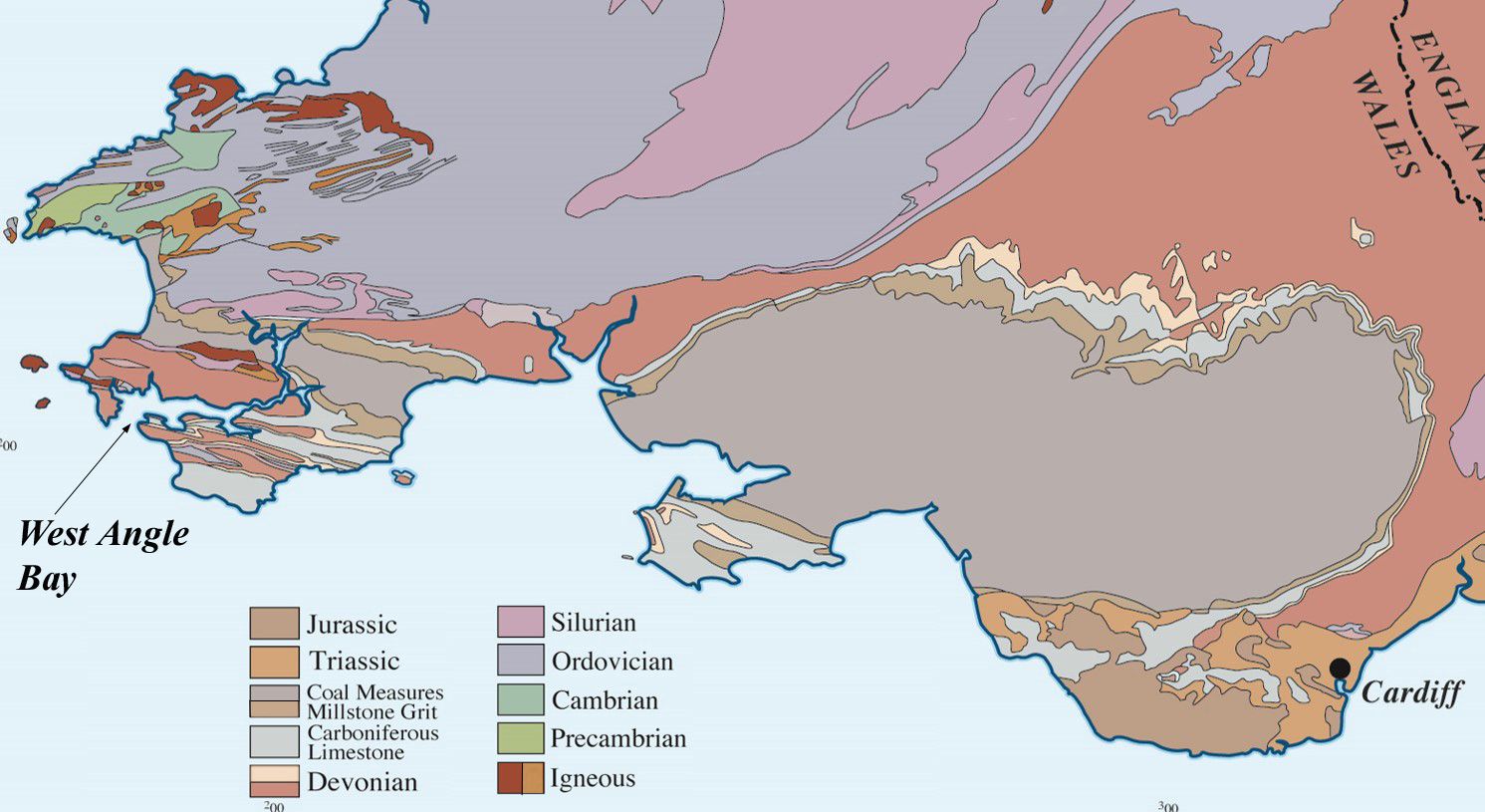 Geological map of south Wales showing the location of West Angle Bay, Pembrokeshire