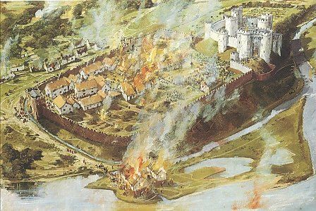 Kidwelly town and castle under attack during the Glyndŵr rebellion of 1403.