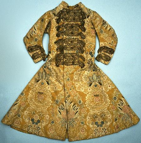 This coat was probably worn by Sir William Morgan. It is of yellow lace pattern silk, dated to about 1725, and is of either English or French origin.