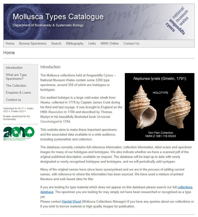 The homepage of the Mollusca Types Catalogue.