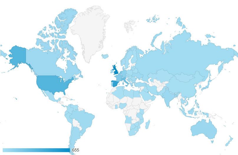 A map illustrating the 110 countries that our web visitors come from so far.