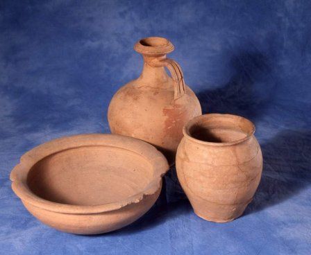 Jar, bowl and flagon in Caerleon red-slipped ware.