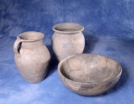 Here we see two South Wales Grey Ware vessels and a Caerleon grey ware bowl. South Wales Grey Ware was developed in the Usk region, and was notable for its storage jars and containers.