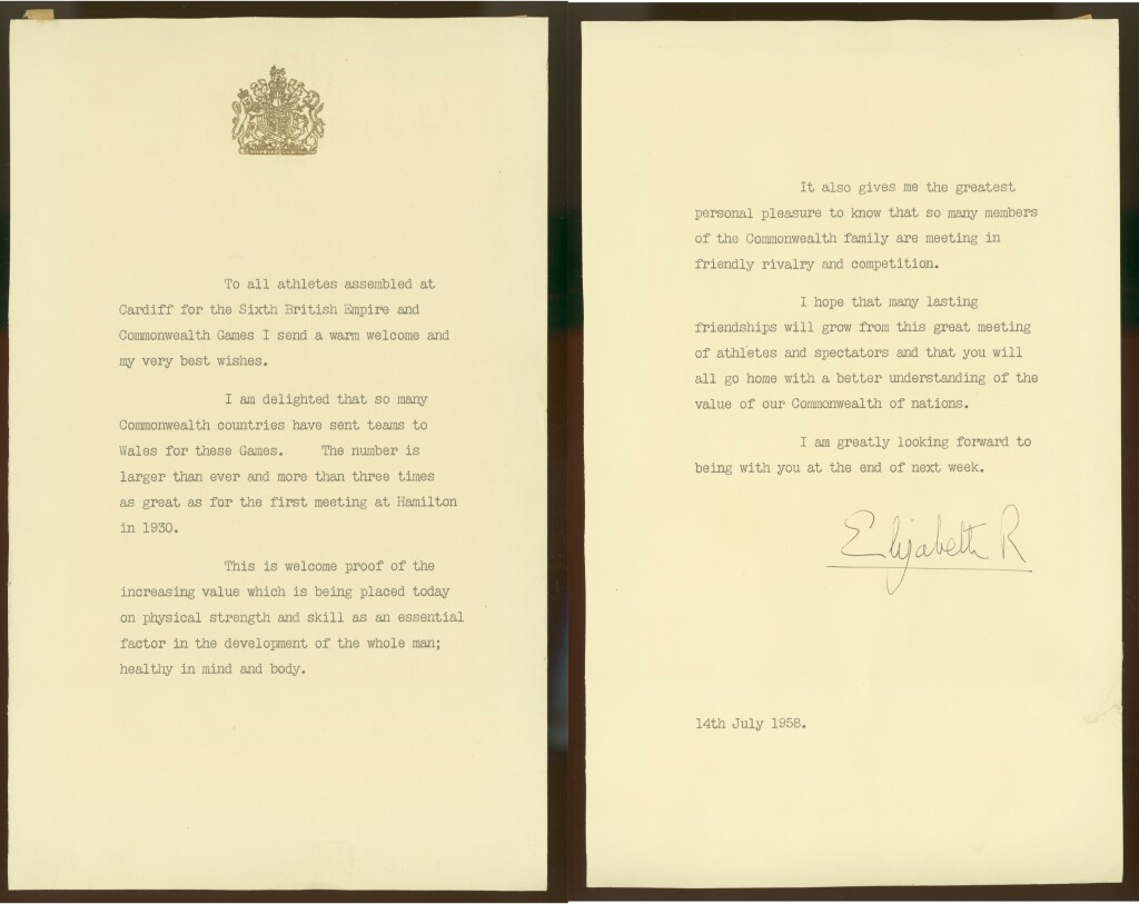 The Queen’s message, signed ‘Elizabeth R’, dated 14 July 1958, and sent from Buckingham Palace to Cardiff via the baton relay. By Gracious Permission of Her Majesty Queen Elizabeth II.