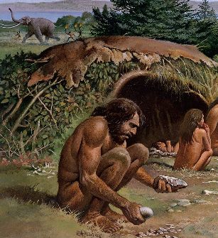 Reconstruction painting showing an Early Neanderthal Man.