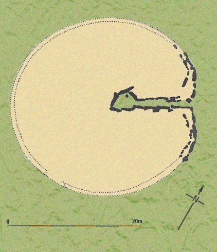 Plan of Bryn Celli Ddu showing the passage way leading into the centre of the circular mound.