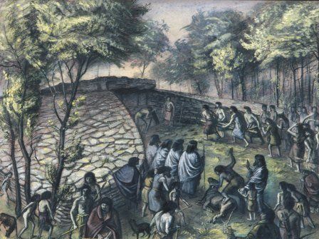 Imaginative reconstruction of a burial ceremony at Tinkinswood, by Alan Sorrell.