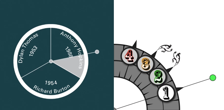 Someone appears to have a thing with exaggerating movements though graphic pendulums. The left-hand side of the picture depicts the audio player from the Peter Blake iPad interactive (November 2013), while the right depends the zoom button in the I-Spy Mi