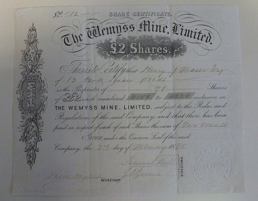The Wemyss Mine Limited share certificate, 1885
