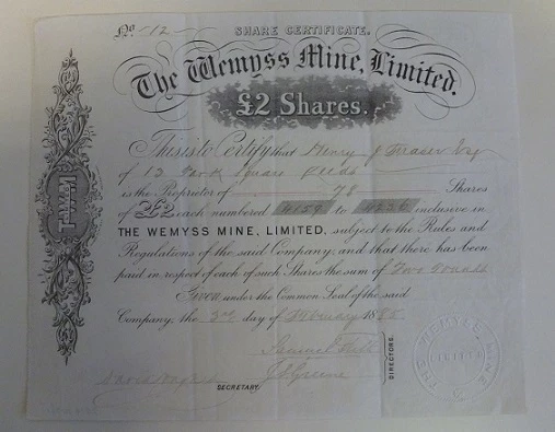 The Wemyss Mine Limited share certificate, 1885
