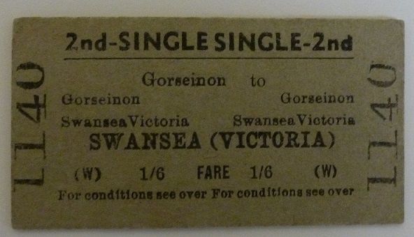 2nd class ticket said to have been used on the last train to run from Gorseinon to Swansea (Victoria), 13 June 1964