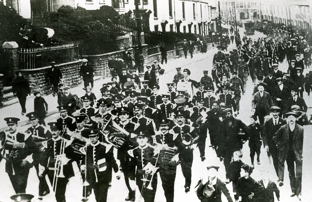 Recruiting parade in Swansea led by band of 6th Battalion Welsh regiment
