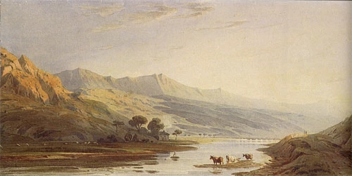 Cader Idris, a watercolour by John Varley in the Department of Art, Amgueddfa Cymru. The writer described Cadair Idris as 'rearing his dark majestic head above his gigantic brethren'.