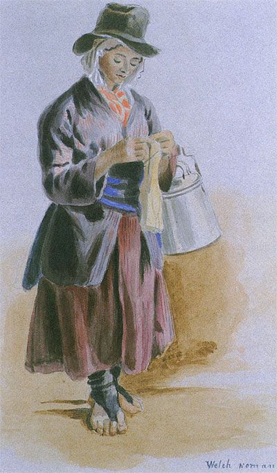 Watercolour sketch of Welsh woman knitting, showing footless stockings, mid-19th century