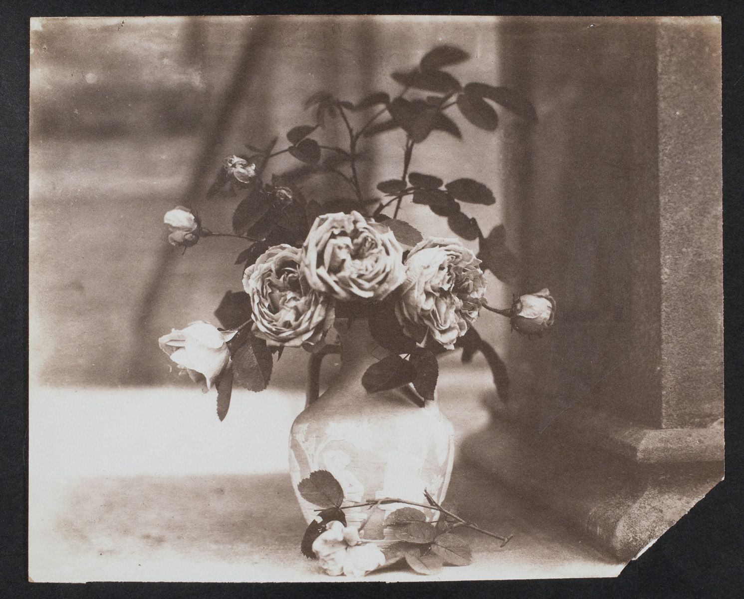 Salted paper print showing a vase of roses on the porch at Penllergare House, 1850s