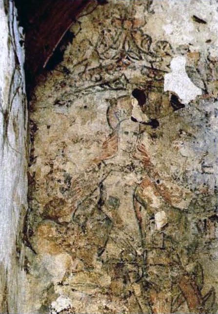 Wall-painting of St Catherine, 'in situ', found on the east wall of the south transept, believed to have been painted c.1400
