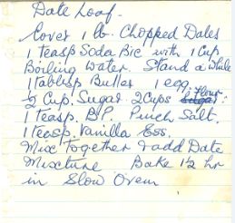 Recipe for a date loaf, handwritten on a piece of lined paper