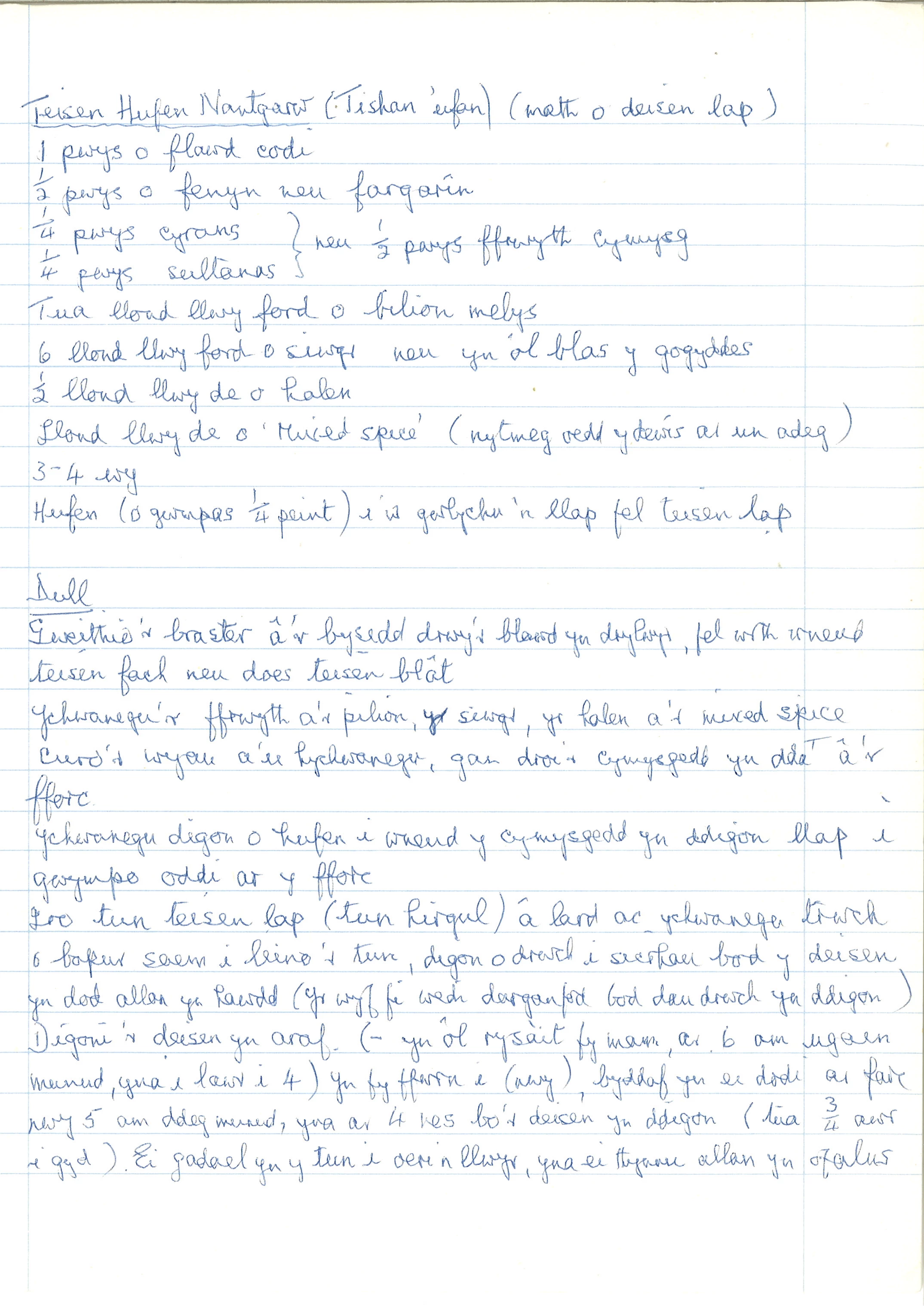 Handwritten recipe for a cream cake (teisen hufen) - also known as lap cake.