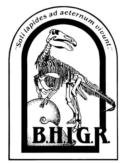 The logo for the Black Hills institute of Geological Research featuring Ruth the duck billed dinosaur from Amgueddfa Cymru