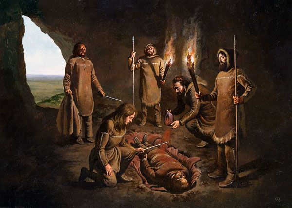 The ritual burial at Paviland Cave, Gower, by Gino D'Achille, about 1980. This painting was created when the burial was thought to be Aurignacian in date (35-28,000 years ago).