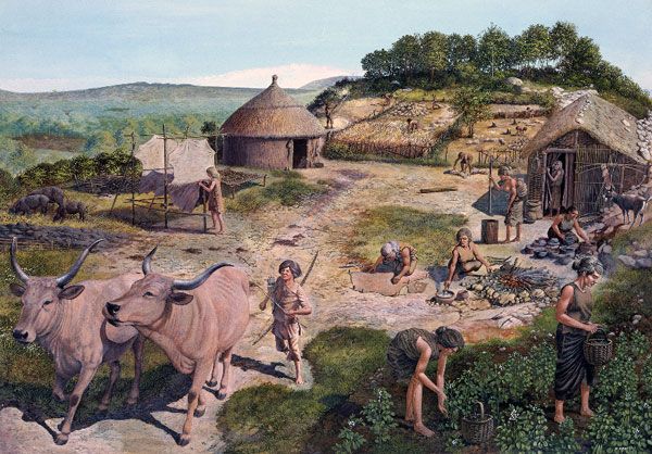Farming settlement about 4,000 BC by Giovanni Caselli, 1979; Based on excavations at Clegyr Boia, St David's, Pembrokeshire, in 1902 and 1943.
