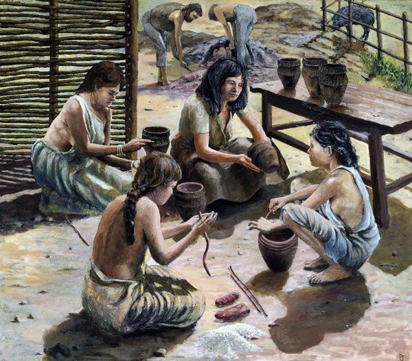 Pottery-making in the Bronze Age (about 1, 750 BC); by Paul Jenkins, about 1980.