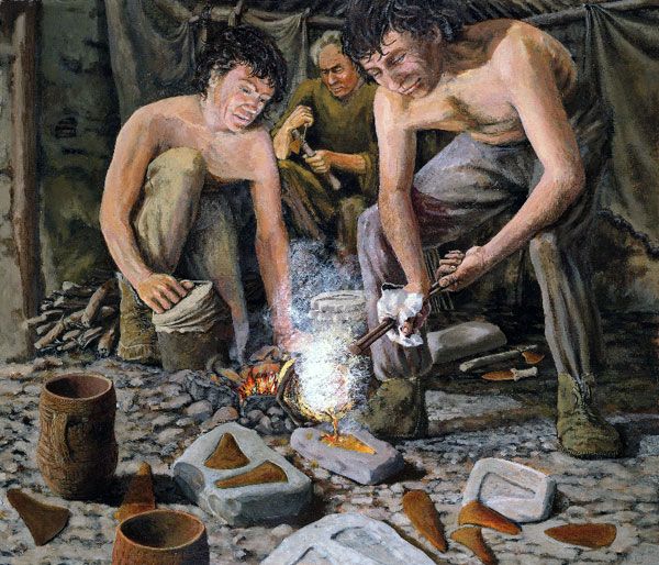 Early Bronze Age ('Beaker') metal-worker about 2000 BC; by Paul Jenkins, about 1980.