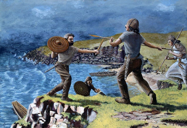 The First Sword-bearers, warriors of the Penard phase, about 1,100 BC; by Paul Jenkins, about 1980.