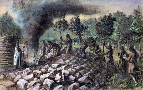Bronze Age burial, about 2,000 BC: the last rites at Pond Cairn, Coity, The Vale of Glamorgan; by Alan Sorrell, 1940.