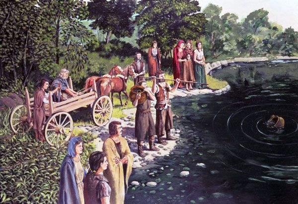 Making offerings at a sacred lake. The wheeled vehicle is based on continental finds and rock engravings. Llyn Fawr, Rhondda Cynon Taff, about 650 BC; by Paul Hughes, about 1980.