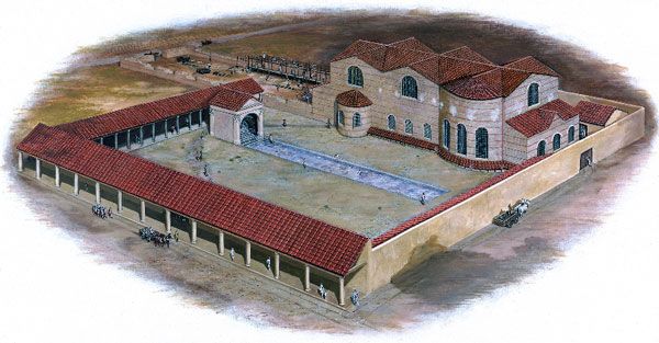 The Fortress Baths, Caerleon, Monmouthshire, as they might have appeared about AD 80; by Paul Jenkins, about 1988.