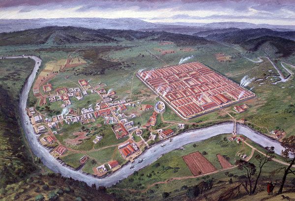 The Roman legionary fortress, Caerleon, Monmouthshire, in the 2nd century AD; by Alan Sorrell, 1939.
