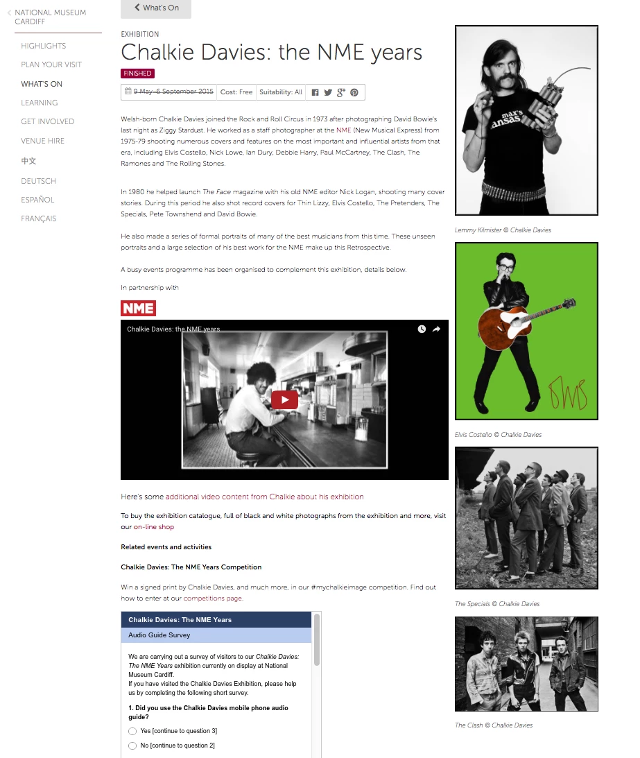 Figure 9, Exhibition 'What's On' page with the survey monkey questionnaire. 