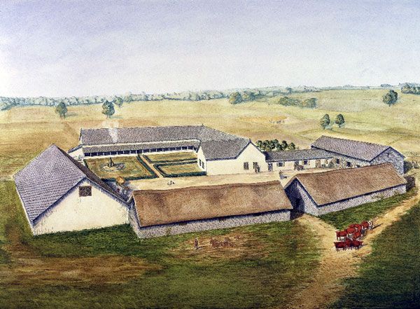 Llantwit Major Roman villa, The Vale of Glamorgan, as it may have looked in the 4th century AD; by Paul Hughes, about 1980.