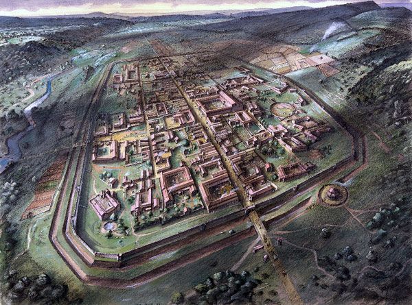 The Roman town of Venta Silurum (Caerwent), Monmouthshire, in the 4th century AD; by Alan Sorrell, 1937. Based on the plan of the town revealed by the large-scale excavations undertaken in the earlier 20th century.
