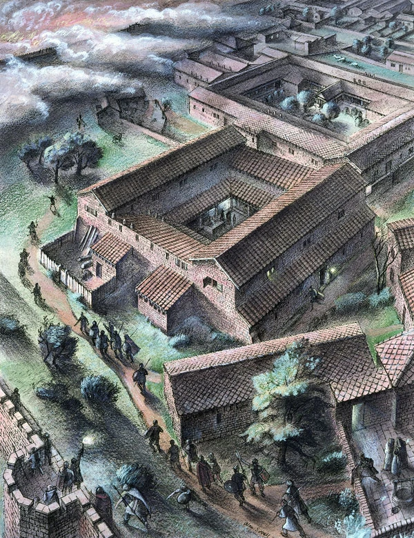 Caerwent Roman town, Monmouthshire. Imaginative reconstruction of a raid on the south-west corner of the town; by Alan Sorrell, 1938.