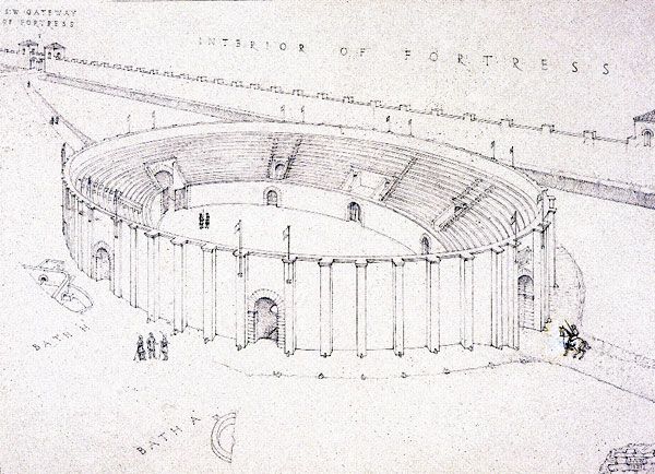 Roman amphitheatre, Caerleon, Monmouthshire; by J. A. Wright, 1928. Excavated in 1926-27, Wright shows the amphitheatre in the late 1st century AD. At the time it was thought that the auditorium was supported by a bank of earth retained by masonry walls. 