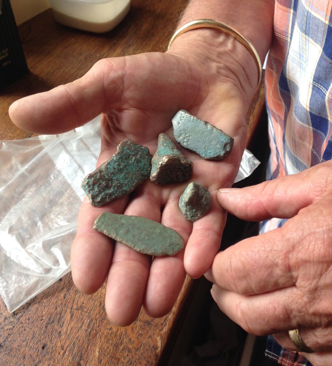 A person holding a small collection of metal fragments dating from the Bronze Age